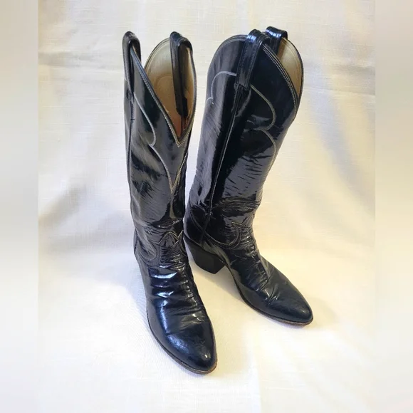 Vtg. Tony Lama Black Patent Leather Cowboy Boots size 6A